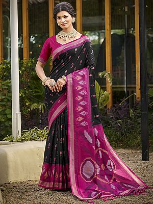 Festive Silk Saree With Bold Ikat Inspired Border Ideal For Wedding Functions Parties And Traditional Occasions