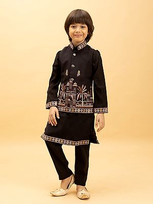 Kids Viscose Silk Kurta Set With Embroidered Koti Jacket For Boys Ideal For Wedding Functions Festive Celebrations