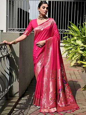 Paithani Silk Saree Meenakari Weaves Pallu Pure Zari Woven Border Banarasi Traditional Ethnic Wedding And Festive Wear