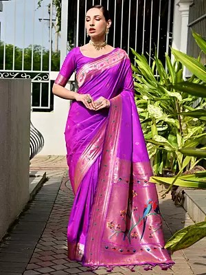 Paithani Silk Saree Meenakari Weaves Pallu Pure Zari Woven Border Banarasi Traditional Ethnic Wedding And Festive Wear