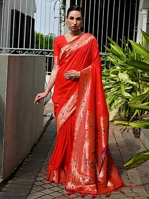 Paithani Silk Saree Meenakari Weaves Pallu Pure Zari Woven Border Banarasi Traditional Ethnic Wedding And Festive Wear