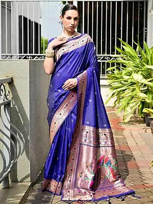 Paithani Silk Saree Meenakari Weaves Pallu Pure Zari Woven Border Banarasi Traditional Ethnic Wedding And Festive Wear
