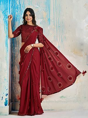 Satin Crepe Saree With Applique Flower Work And Stripes Sequins Elegant Designer Party Wear Ethnic Drape For Women