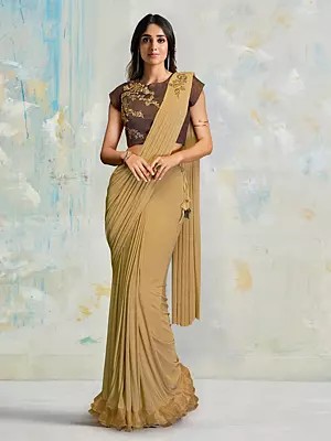 Lycra Saree With Art Silk Blouse Elegant Handwork Embroidered Designer Ruffle Style Party Wear Ethnic Drape For Women