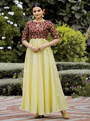 Floral Kalamkari Print Satin Silk Gown Floor Length Party Wear With Elegant Work And Flared Long Design For Women