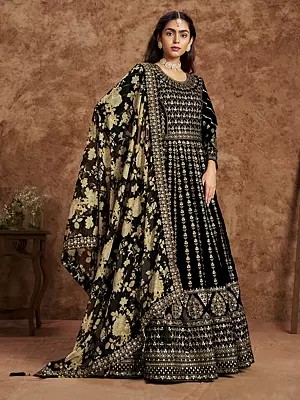 Women's Velvet Embroidered Gown Set With Bottom And Dull Organza Print Dupatta For Party And Wedding Wear