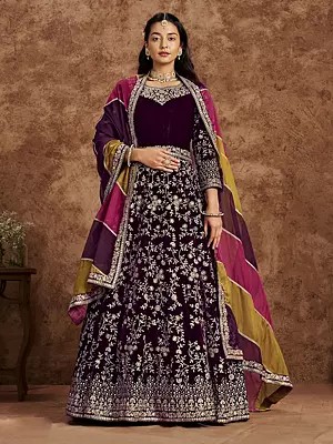 Stylish Velvet Embroidered Gown Outfit With Bottom And Soft Organza Print Dupatta Perfect For Party And Wedding Functions