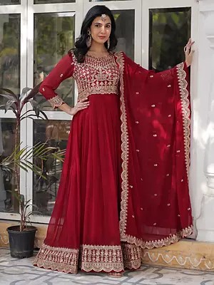 Faux Blooming Embroidery Zari Sequins Work Gown With Dupatta Elegant Party And Wedding Wear Gown Set For Women