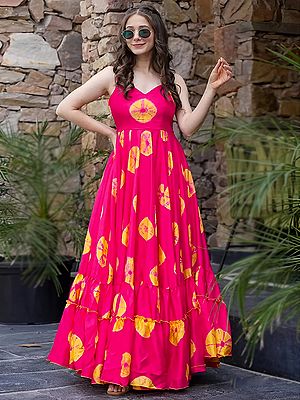 Colorful Abstract Print Rayon Long Gown Soft Flared Maxi Dress For Daily Wear Shopping Travel And Casual Party Use