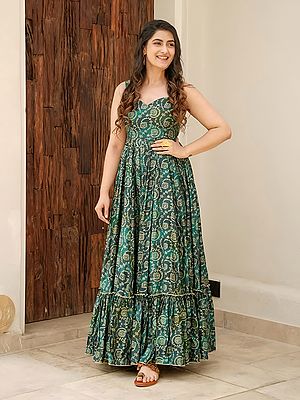 Women's Rich Printed Rayon Gown Long Flared Maxi Dress Perfect For Festive Wear Party And Casual Outings