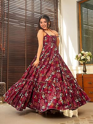 Women's Wine Printed Rayon Gown Sleeveless Flared Long Maxi Dress For Festive Wear Parties And Elegant Evening Outings