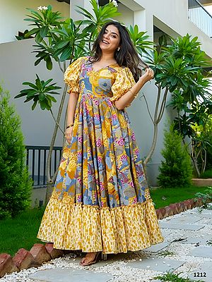 Multicolour Printed Rayon Gown Puff Sleeve Flared Long Maxi Dress For Brunch Vacation And Casual Day Outings