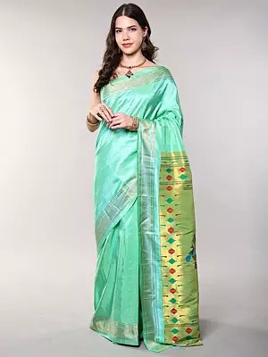 Pure Silk Paithani Saree from Bangalore with Golden Thread woven Bootis and Peacocks on Pallu