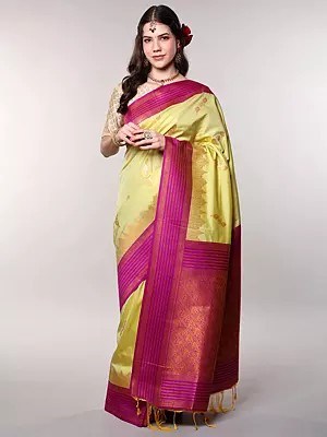 Green-Sheen Art Silk Saree from Bangalore with Zari Woven Floral-Stripe Contrast Border and Pallu