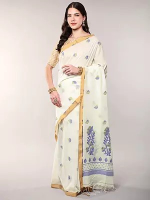 Floral Woven Cotton Saree with Contrast Border from Bengal