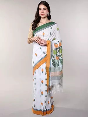 Bright-White Floral Leaves Woven Cotton Saree from Bengal with Contrast Blue Border
