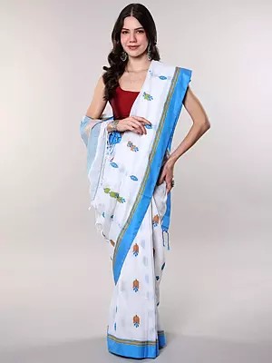 Bright-White Floral Leaves Woven Cotton Saree from Bengal with Contrast Blue Border