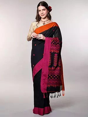 Pirate-Black Jamdani Handloom Pure Cotton Saree with Woven Multicolor Floral Bootis and Paisley from Bengal