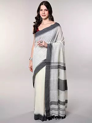 Off-White Pure Cotton Saree with Stripes Weave and Contrast Black Border from Bengal
