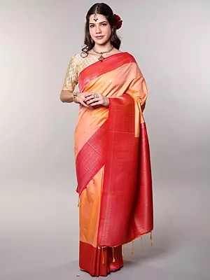 Papaya-Punch Art Silk Golden Bootis Saree from Bangalore with Wide Border and Zari Weave