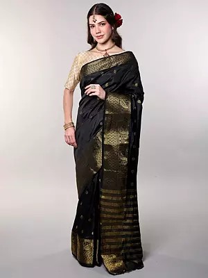 Black-Ink Golden Thread Woven Paisley Bootis Art Silk Saree with Stripes Anchal from Bangalore