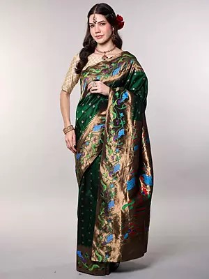 Hunter-Green Pure Silk Bootis woven Paithani Saree with Intricate Golden Thread work and Parrot Border from Bangalore