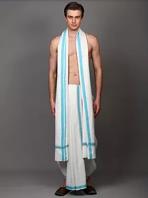 Pure Cotton Plain Dhoti and Angavastram Set with Striped Border from ISKCON Vrindavan by BLISS
