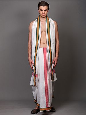 Traditional Dhoti with Angavastram Set and Multi Stripes Border