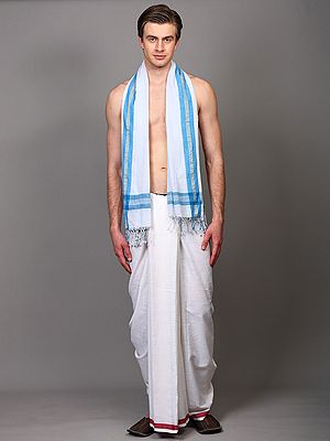 Ice-Melt Cotton Plain Angavastram with Stripes Border from Bengal