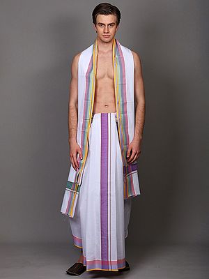 Snow-White Plain Dhoti and Angavastram Set with Checks Woven Border