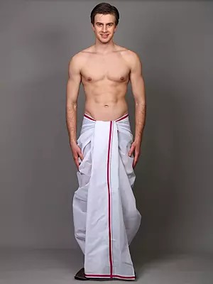 Bright-White Cotton Dhoti with Striped Border
