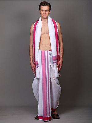 Bright-White Cotton Traditional Dhoti with Angavastram Set and Contrast Pink Border