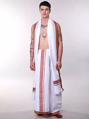 Men's Dhoti and Scarf Set in Cotton with Vibrant Striped Trim