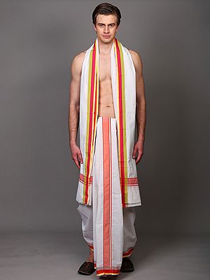 Plain Dhoti and Veshti Set with Multicolo Striped Border