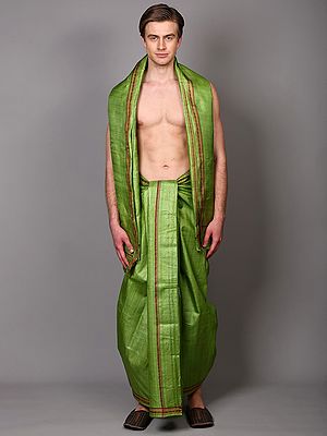 Greenery Pure Tussar Silk Dhoti with Angavastram Set and Thread Woven Temple-Rudraksha Border from Odisha