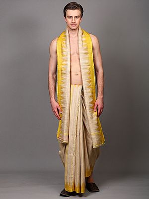 Temple Border Pure Tussar Silk Dhoti with Angavastram Set from Odisha