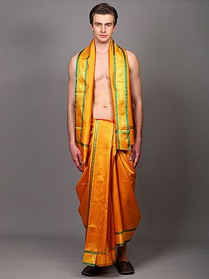 Art Silk Dhoti with Angavastram set and Zari Woven Temple Border with  from Banaras