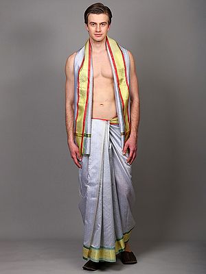 Art Silk Dhoti with Angavastram set and Zari Woven Temple Border with  from Banaras