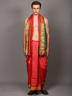Art Silk Dhoti with Angavastram set and Zari Woven Temple Border with  from Banaras