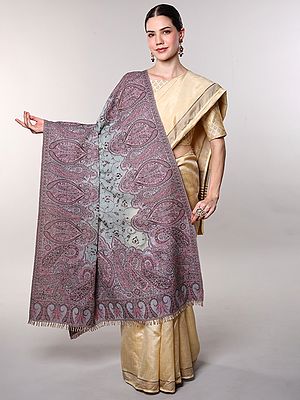 Sozni Embroidered Shawl with Flowers and Paiselys Woven Border from Amritsar
