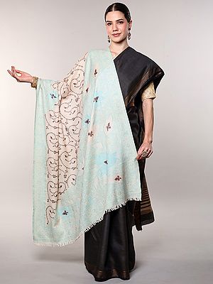 Sozni Embroidered Wool Shawl with Floral & Paisley Border from Amritsar