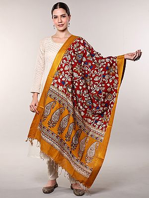 Savy-Red Kalamkari Dupatta from Telangana with Zari woven Golden Border and Printed Flowers-Paiselys