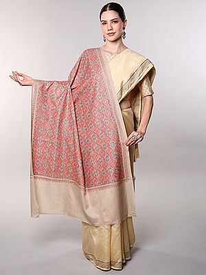 Pure Wool Shawl with Intricate Thread Embroidered Floral Quatrefoil Patterns from Amritsar