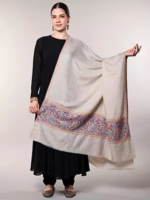 Feather-Gray Pure Pashmina Palladar Shawl with Floral Sozni Embroidery by Hand from Kashmir