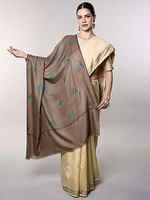 Pure Pashmina Shawl from Kashmir with Sozni Hand-Embroidered Butterflies