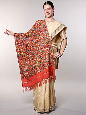 Pure Wool Shawl with Aari Embroidered Floral Jaal from Kashmir