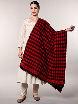 Red and Black Checkered Pattern Kutch Shawl with woven Border and Tassels