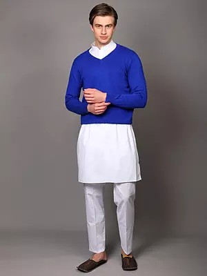 Dazzling-Blue V-Neck Cashmere Pullover Sweater