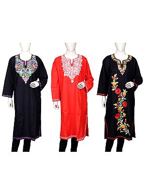 Lot of Three Kashmiri Phiran with Aari Embroidered Floral Motifs and Side Pockets