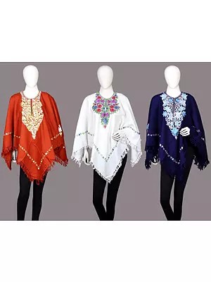Lot of Three Wool Poncho with Aari Embroidered Flowers on Neck from Kashmir